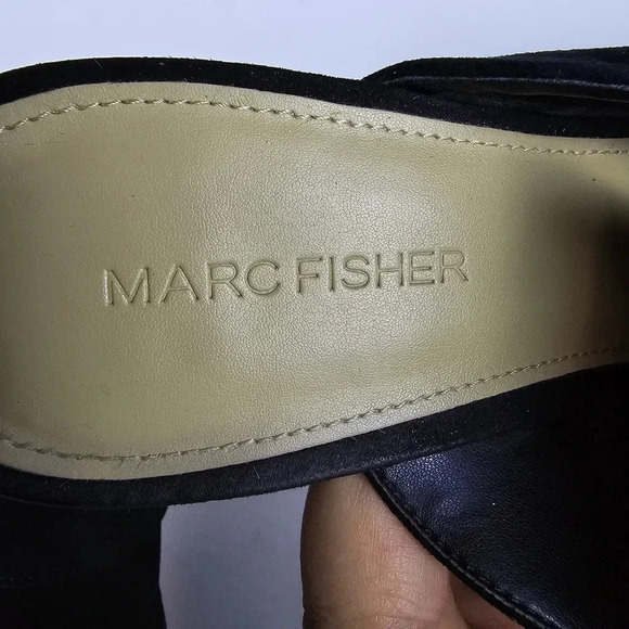 Marc Fisher Rima Mule Sandals Size 9M Black Suede Leather Mirrored Block Heel - Picture 6 of 13